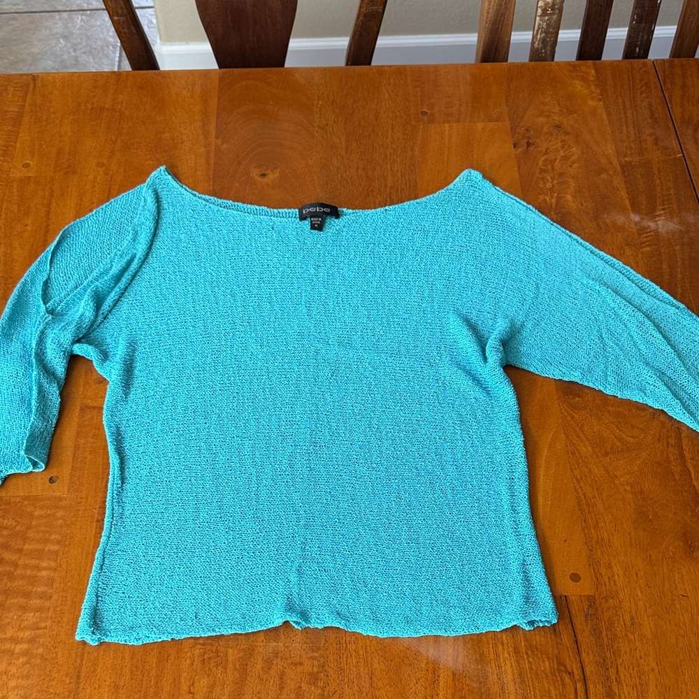 bebe Bright Turquoise Lightweight Knit Boatneck Top